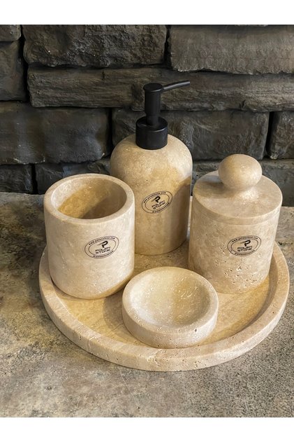 Beige Travertine Natural Stone 5-Piece Bathroom Set
