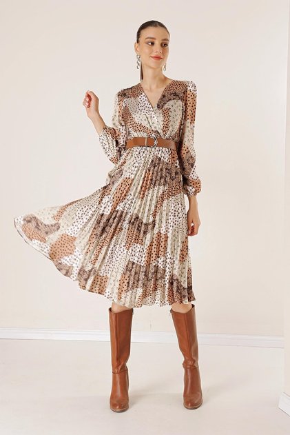 Double Breasted Neck Waist Belted Mixed Patterned Lined Pleated Satin Dress