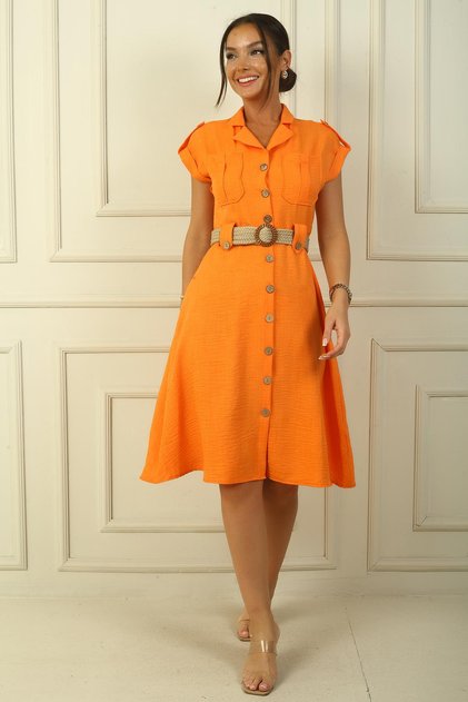 Women's Neckline Off-Shoulder Double Pocket Linen Effect Dress with Belt