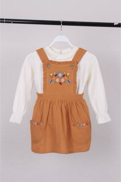 Girl's Muslin Fabric Floral Embroidery Dress