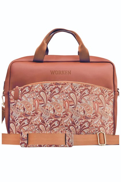 Laptop Briefcase A4 12.5 Inch Waterproof, Impact Resistant, Vegan Leather Autumn Shawl Pattern Brown