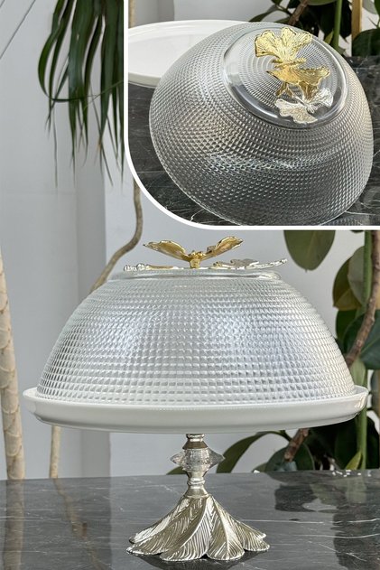 Porcelain Glass Lid Cake Pan with Butterfly Detail