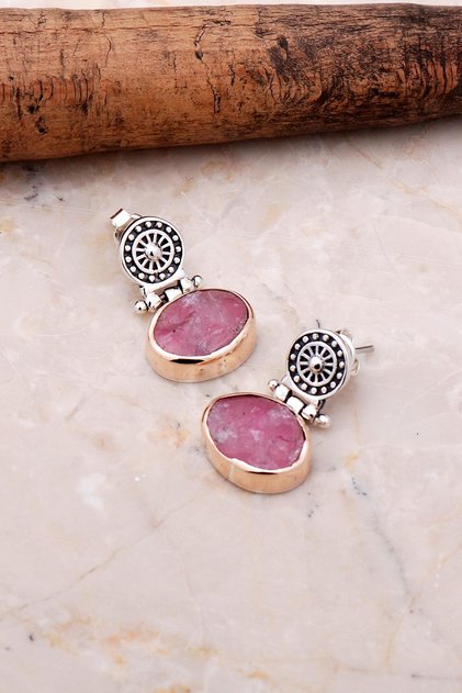 Pembe Kuvars Antik Tasarım Elişi Gümüş Küpe 5139