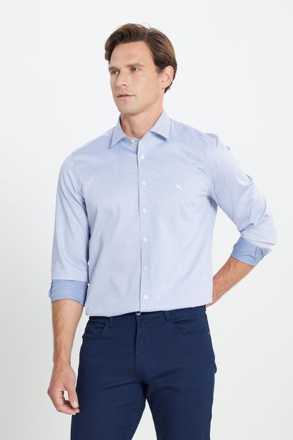 Men's Light Blue 100% Cotton Slim Fit Slim Fit Dobby Shirt