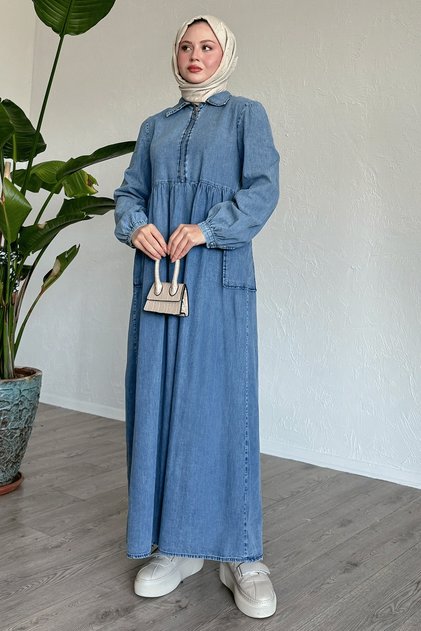 Blue Denim Dress with Pockets and Half Zipper
