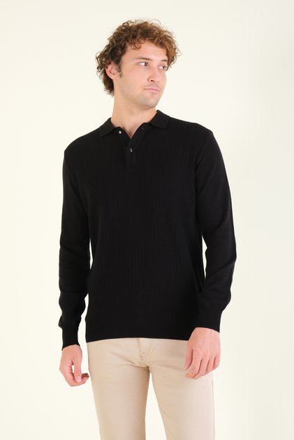 Men's Patterned Polo Collar Sweater Black