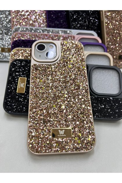 Apple iPhone 15 Pro Max Compatible Glitter Full Stone Silicone Phone Cover (Case) Gold