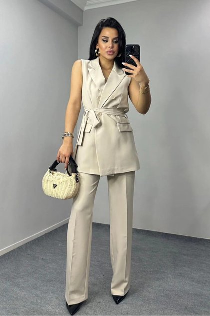 Women's Belted Vest Pants Suit