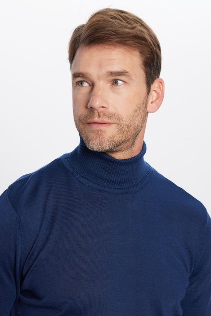 Men's Slim Fit Narrow Cut Full Turtle Collar Plain Wool Sweater
