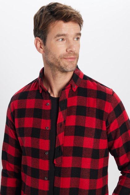 Men's Slim Fit Slim Fit Lumberjack Button Collar Checked Winter Shirt