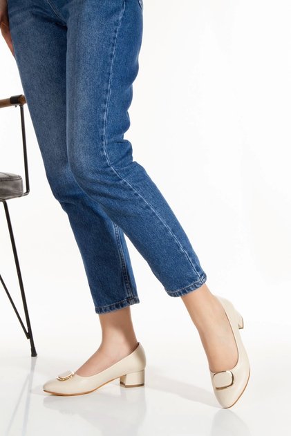 Women's Beige Faux Leather Short Heel Stiletto Buckle