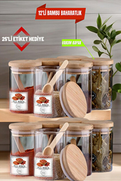 NYL HOME 12'li Ahşap Vakum Kapaklı Kare Akrilik Baharatlık Seti