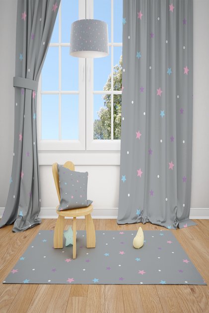 Colorful Star Patterned Children's and Baby's Room Background Curtain 2 Wings Tla-263