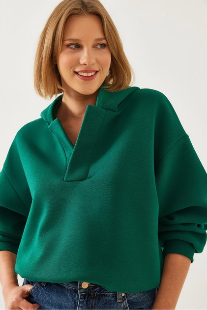 Women's Green Hooded V-Neck Sweatshirt 60351253