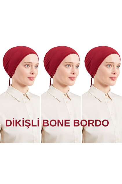Women's Hijab Sewn Set Bonnet Burgundy 3 Pieces Tieable Combed Cotton Bonnet