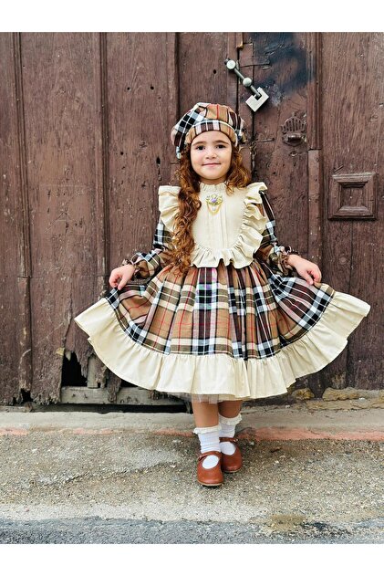 Hly Karol Tasarm Cappuccino Checkered Plaid Baby Girl Dress, Birthday Dress,  Photo Shooting Dress,Suitable for 0-12 Years Old- Trendyol