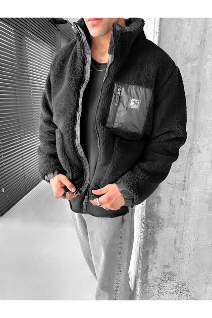 ablukaonline Erkek Oversize Peluş Mont Sweatshirt Ceket Siyah