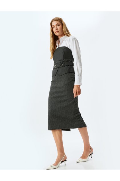 Midi Pencil Skirt with Slim Fit Back Slit Detail