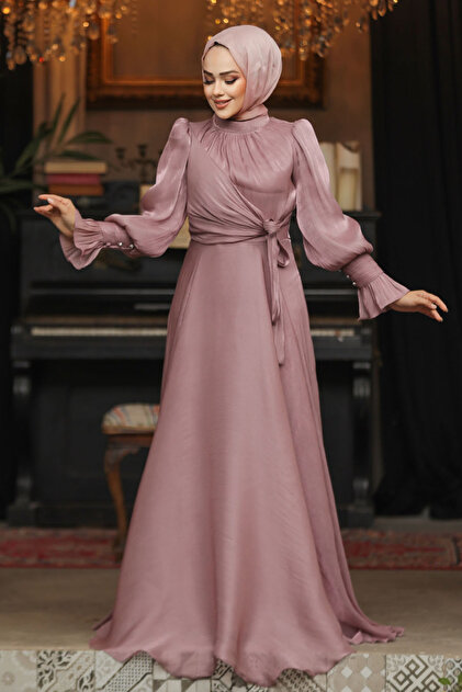 Neva Style Dusty Rose Hijab Evening Dress with Tie Detail 48051Gk- Trendyol