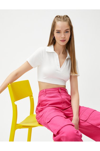 Polo Neck T-Shirt Crop Ribbed Short Sleeve