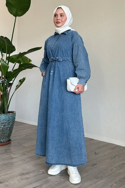 Rochie albastră din denim cu centură cu fermoar