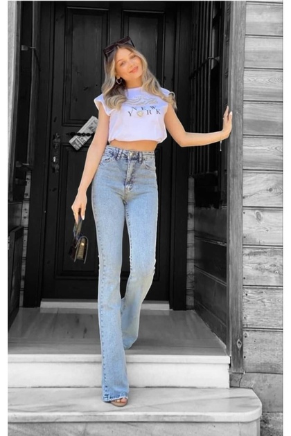 Alex Ice Snow Spanish Blue Jeans High Waist Blue Snow Wash Flare Jeans Jeans