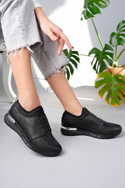 Women's Black Stone Elastic Low Sole Orthopedic Shoes