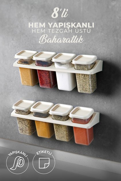 8-Piece Self-Adhesive Square Spice Rack Set with Sticker Stand - Food Storage Container Set