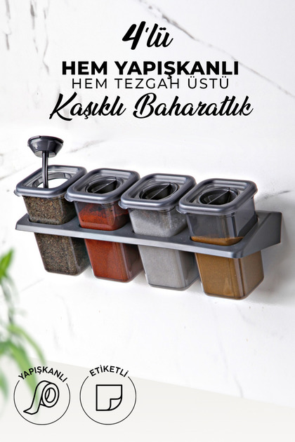 Food Container Set - Set of 4 Spices with Labels, Stand, Lock and Square