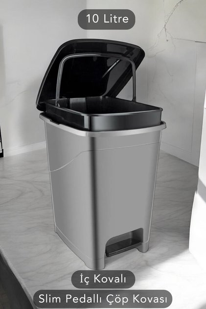 İç Kovalı Slim Pedallı Banyo Mutfak Çöp Kovası - 10 Litre - Antrasit