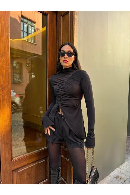 Women's Black Front Gathered Slim Fit Bodysuit 28284