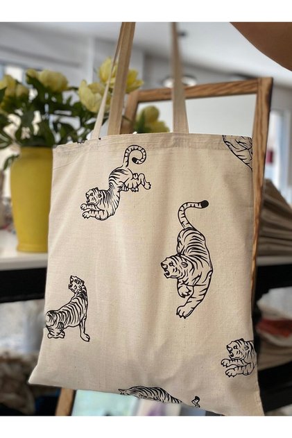 Tiger Patterned Hambez Bag - Beige - Çınar Cloth Bag