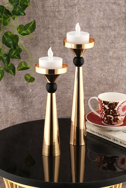 MİLAS Baton Şamdan Gold Kaplama Siyah Dekorlu Metal Mumluk