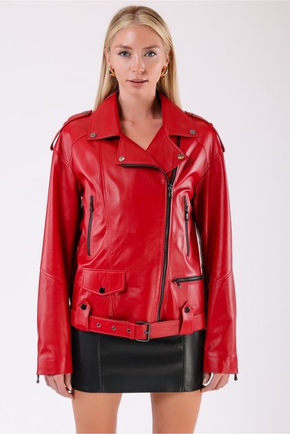 Kırmızı Oversize Biker Hakiki Deri Ceket