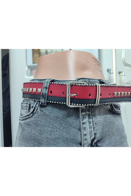 Custom Design Belt with Red Black Bead Chain Stitching Pyramid
