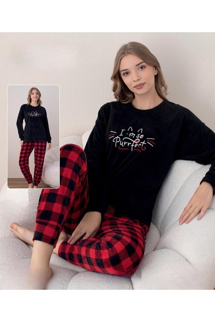 Kadın Kışlık Bisiklet Yaka Soft Kadife Pijama Takımı 07018 - 1 Adet