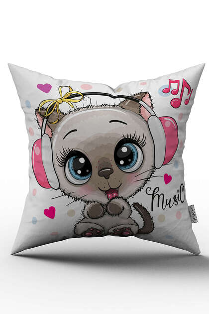 Digital Printed Children's Throw Pillow Cover with White Pink Headphones and Cat - Chcck04