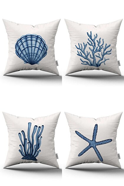 Blue Marine Patterned 4-Piece Digital Printed Throw Pillow Cover Set - 4kmbs274