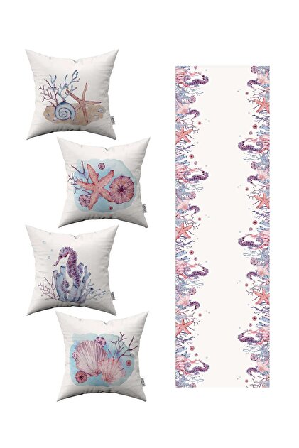 Blue Pink Marine Patterned 4-Piece Throw Pillow Cover 1 Runner Set 4kmbs280-rs