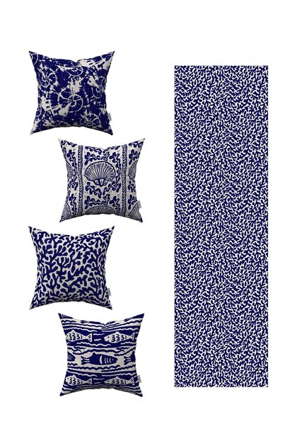 Blue Beige Marine Patterned 4-Piece Throw Pillow Cover 1 Runner Set 4kmbs102-rs-02