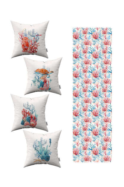 Red Blue Marine Patterned 4-Piece Throw Pillow Cover 1 Runner Set 4kmbs278-rs-2