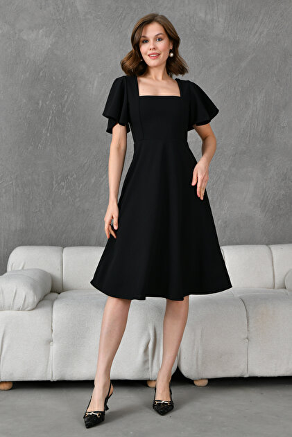 bar sln lovebox Sleeve Detailed Flexible Square Neck Midi Length Black  Evening Dress Black Graduation Dress 082- Trendyol