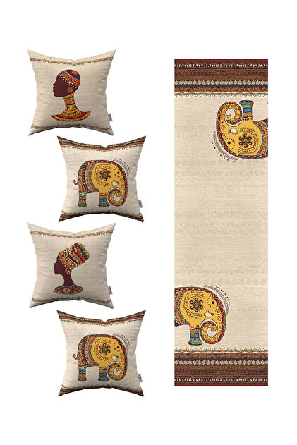Cream Ethnic African Figured Elephant Patterned 4-Piece Throw Pillow Cover 1 Runner Set 4kmbs305-rs-1