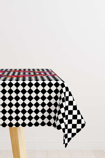 Black and White Checkered Flower Patterned Digital Printed Tablecloth Cgh1107-2-ms