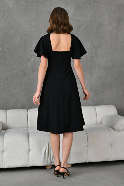 bar sln lovebox Sleeve Detailed Flexible Square Neck Midi Length Black  Evening Dress Black Graduation Dress 082- Trendyol