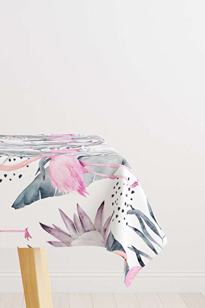 White Pink Tropical Flamingo Patterned Digital Printed Tablecloth Otyk610-ms
