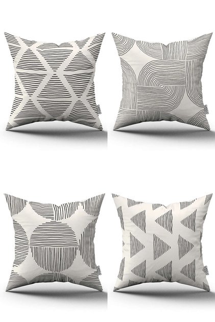 Cream Black Bohemian Scandinavian Patterned 4-Piece Digital Printed Throw Pillow Cover Set - 4kmbs293