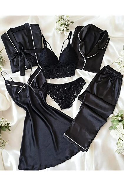 シャルレナイティセット「ゆめこ」 cdh çeyize dair herşey Perla nera ipek saten siyah 6 parça pijama