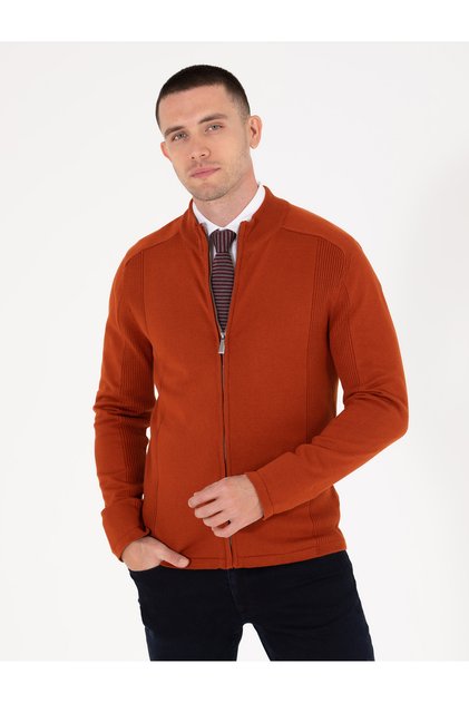 Kahverengi Slim Fit Fermuarlı Triko Hırka 50263239-VR182