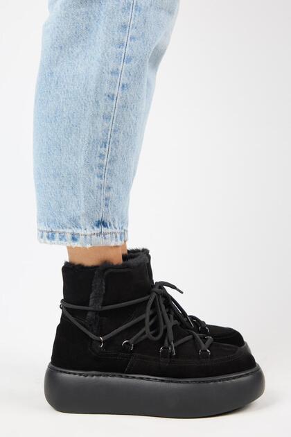 Haven Women's Genuine Leather Lace-Up Black Boots with Fur Inside